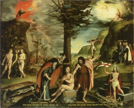 Jesus offers grace GRATIA, justice JIUSTIFICATIO NOSTRA Holbein Testamenten