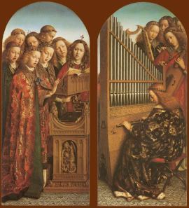 Angels singing and playing music vaneyck_lamgods_engelen